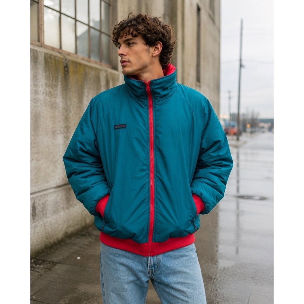 Vintage Columbia Reversible Puffer Bomber Jacket Teal Pink Men's / Taiwan Size L